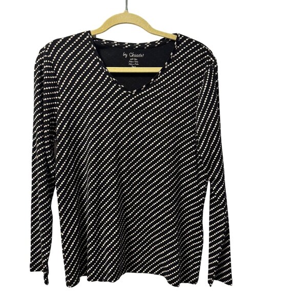 Chicos Womens Diagonal Stripe V-Neck Long Sleeve Top Size L Black & White 100% C - Picture 1 of 12